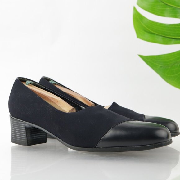 Munro Womens Julie Pump Size 11 NARROW Navy Satin Cap Toe Block Heel Slip On - Picture 10 of 12